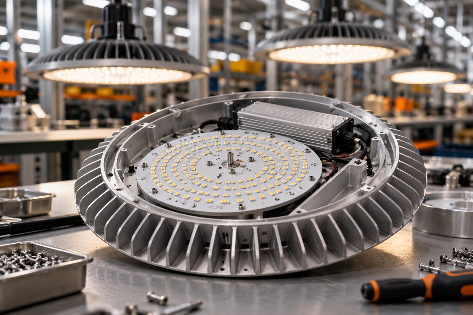 Luminaria industrial LED con disipador de aluminio y componentes de montaje