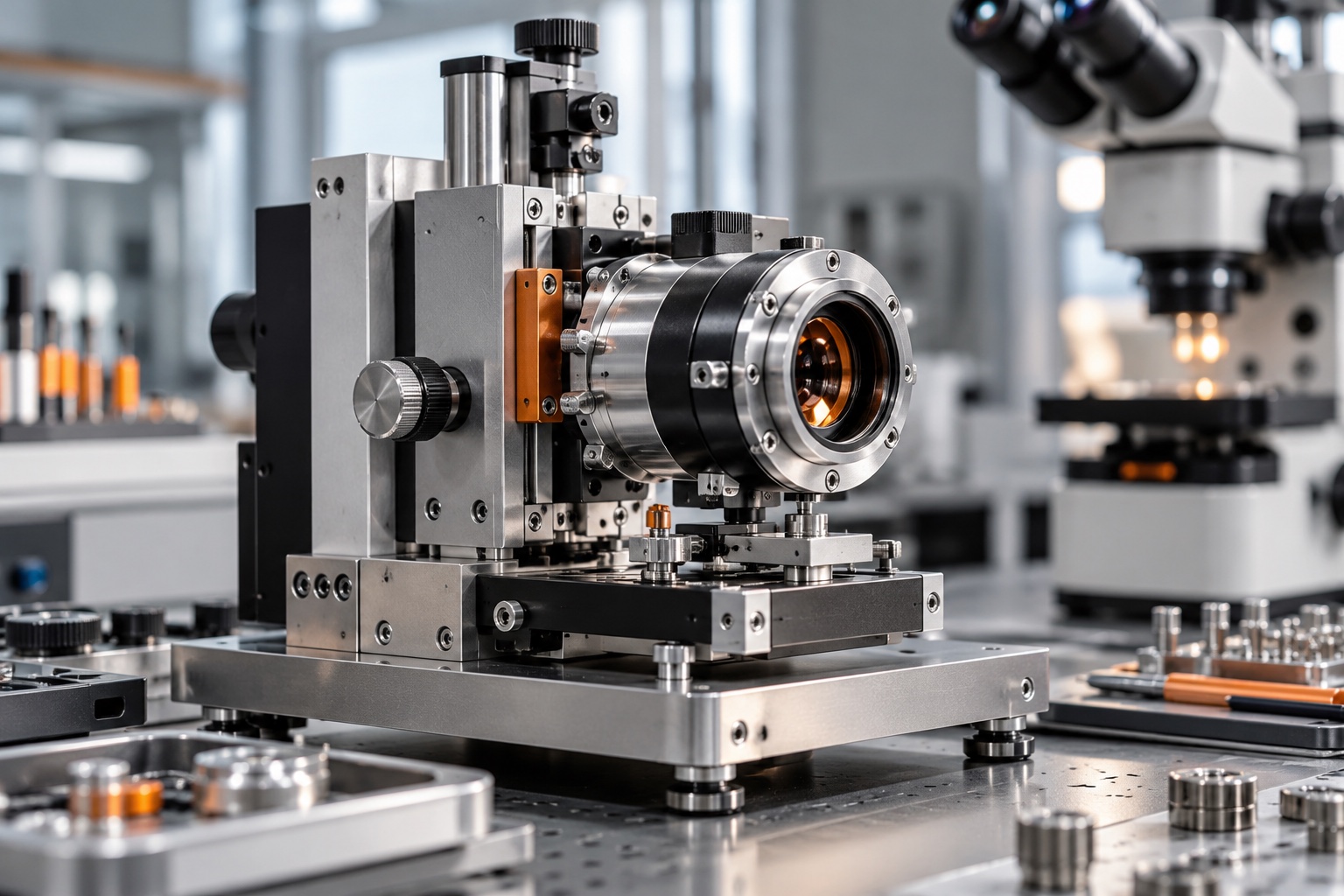 Instrumentación óptica y piezas mecanizadas de precisión en un laboratorio