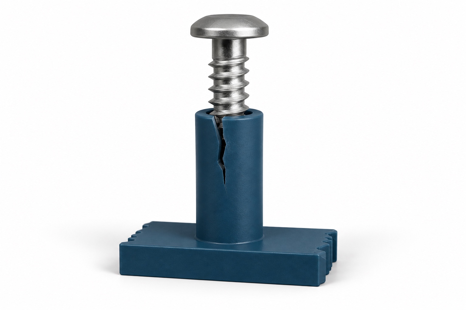 Ilustración de un tornillo en un alojamiento plástico azul con una fisura longitudinal